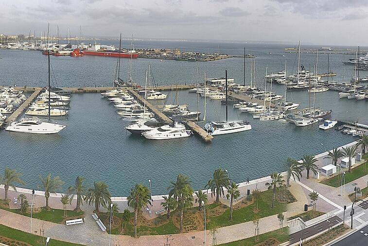 Webcam view of Palma de Mallorca marina, which caters to boats of all shapes and sizes. The cathedral La Seu can be seen in the distance. In the foreground is the Avinguda de Gabriel Roca.