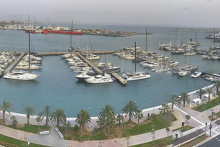 Webcam view of Palma de Mallorca marina, which caters to boats of all shapes and sizes. The cathedral La Seu can be seen in the distance. In the foreground is the Avinguda de Gabriel Roca.