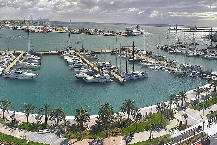Webcam view of Palma de Mallorca marina, which caters to boats of all shapes and sizes. The cathedral La Seu can be seen in the distance. In the foreground is the Avinguda de Gabriel Roca.