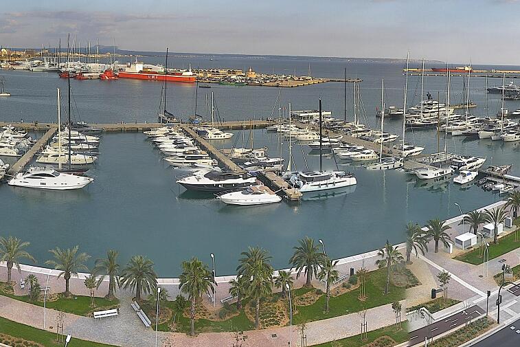 Webcam view of Palma de Mallorca marina, which caters to boats of all shapes and sizes. The cathedral La Seu can be seen in the distance. In the foreground is the Avinguda de Gabriel Roca.