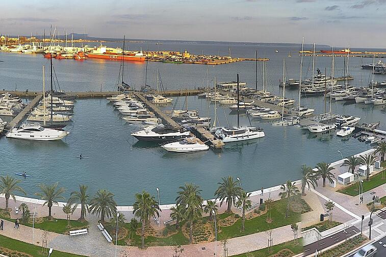 Webcam view of Palma de Mallorca marina, which caters to boats of all shapes and sizes. The cathedral La Seu can be seen in the distance. In the foreground is the Avinguda de Gabriel Roca.