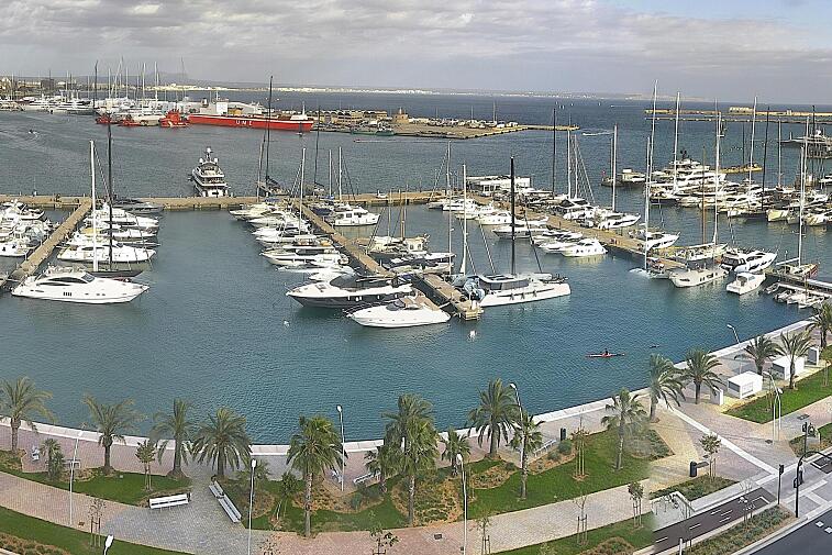Webcam view of Palma de Mallorca marina, which caters to boats of all shapes and sizes. The cathedral La Seu can be seen in the distance. In the foreground is the Avinguda de Gabriel Roca.