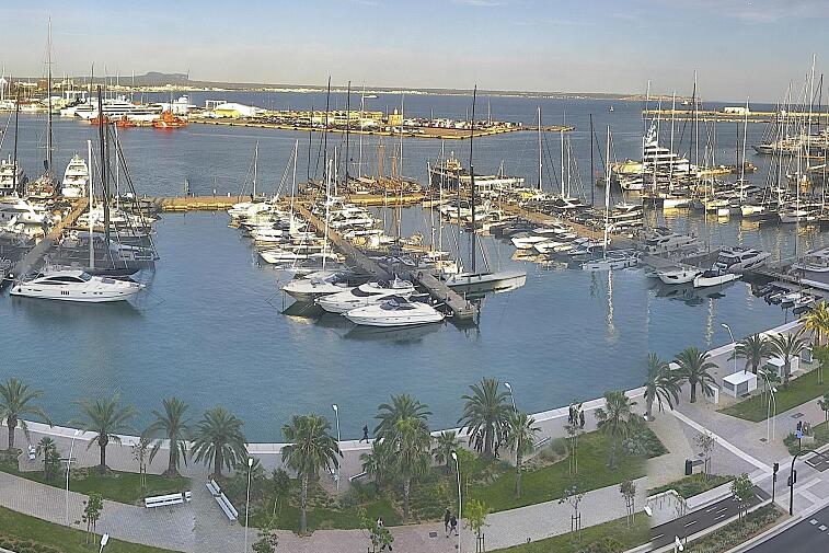 Webcam view of Palma de Mallorca marina, which caters to boats of all shapes and sizes. The cathedral La Seu can be seen in the distance. In the foreground is the Avinguda de Gabriel Roca.