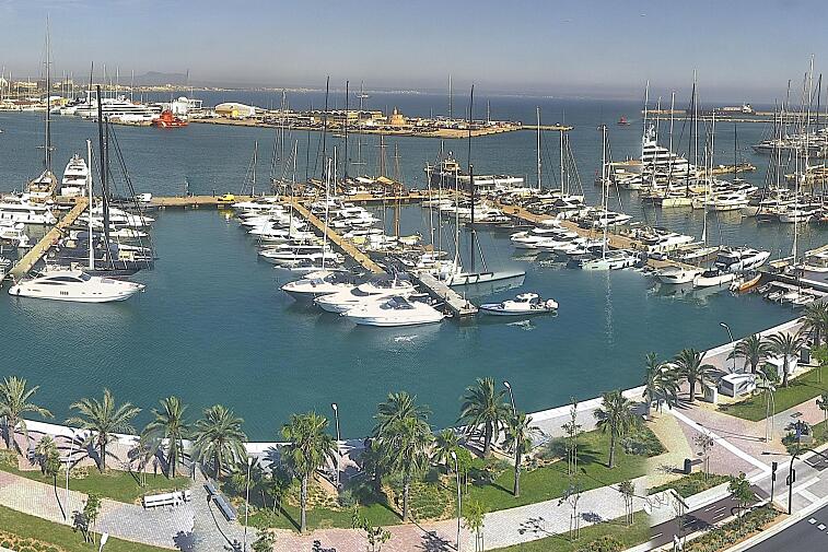 Webcam view of Palma de Mallorca marina, which caters to boats of all shapes and sizes. The cathedral La Seu can be seen in the distance. In the foreground is the Avinguda de Gabriel Roca.