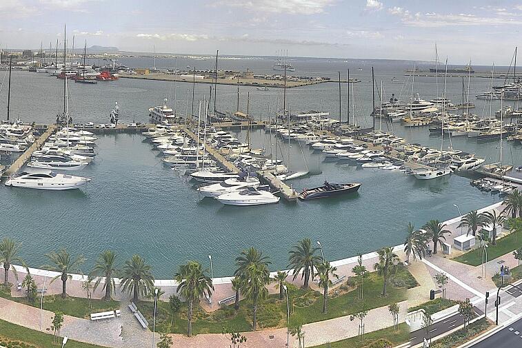 Webcam view of Palma de Mallorca marina, which caters to boats of all shapes and sizes. The cathedral La Seu can be seen in the distance. In the foreground is the Avinguda de Gabriel Roca.