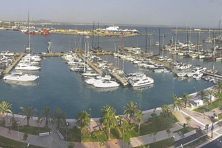 Webcam view of Palma de Mallorca marina, which caters to boats of all shapes and sizes. The cathedral La Seu can be seen in the distance. In the foreground is the Avinguda de Gabriel Roca.