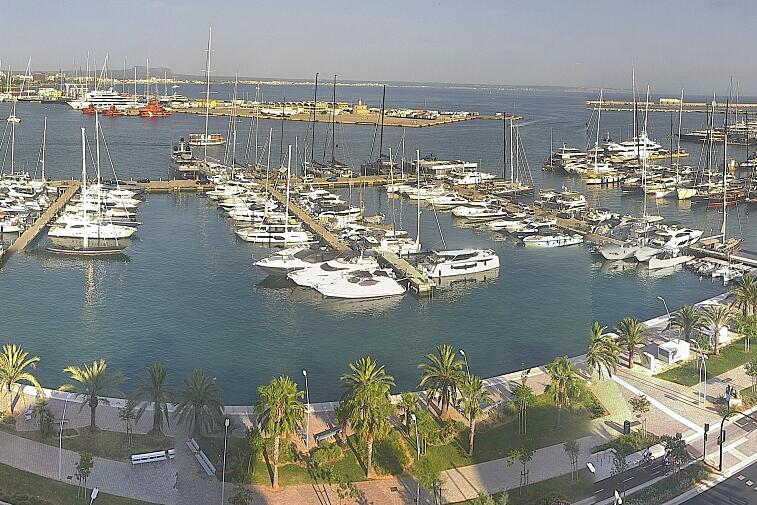 Webcam view of Palma de Mallorca marina, which caters to boats of all shapes and sizes. The cathedral La Seu can be seen in the distance. In the foreground is the Avinguda de Gabriel Roca.