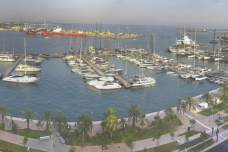Webcam view of Palma de Mallorca marina, which caters to boats of all shapes and sizes. The cathedral La Seu can be seen in the distance. In the foreground is the Avinguda de Gabriel Roca.