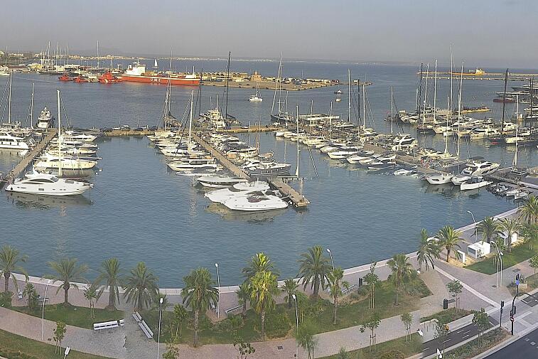 Webcam view of Palma de Mallorca marina, which caters to boats of all shapes and sizes. The cathedral La Seu can be seen in the distance. In the foreground is the Avinguda de Gabriel Roca.