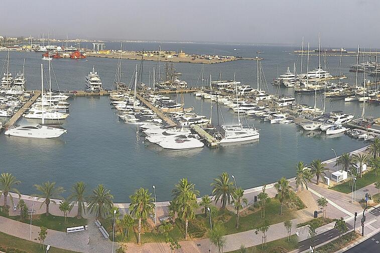 Webcam view of Palma de Mallorca marina, which caters to boats of all shapes and sizes. The cathedral La Seu can be seen in the distance. In the foreground is the Avinguda de Gabriel Roca.