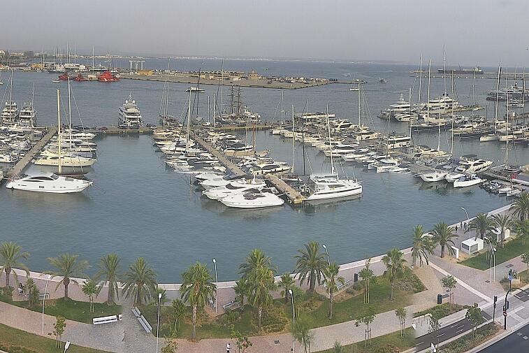 Webcam view of Palma de Mallorca marina, which caters to boats of all shapes and sizes. The cathedral La Seu can be seen in the distance. In the foreground is the Avinguda de Gabriel Roca.