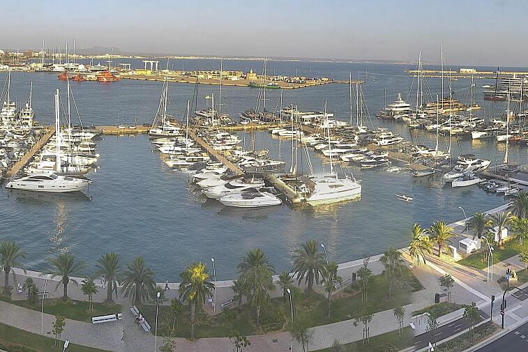 Webcam view of Palma de Mallorca marina, which caters to boats of all shapes and sizes. The cathedral La Seu can be seen in the distance. In the foreground is the Avinguda de Gabriel Roca.