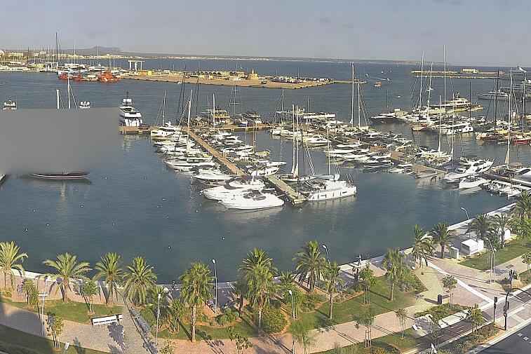 Webcam view of Palma de Mallorca marina, which caters to boats of all shapes and sizes. The cathedral La Seu can be seen in the distance. In the foreground is the Avinguda de Gabriel Roca.