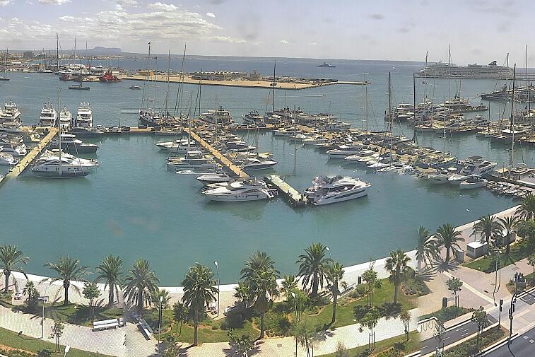 Webcam view of Palma de Mallorca marina, which caters to boats of all shapes and sizes. The cathedral La Seu can be seen in the distance. In the foreground is the Avinguda de Gabriel Roca.