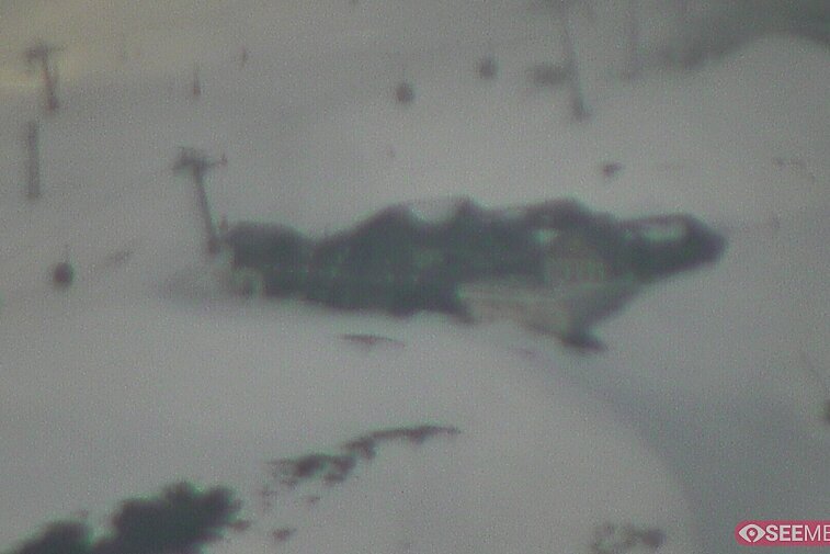 Webcam view of the Folie Douce mountain restaurant in Meribel.  In the background are the Biche (blue) and Maudit (red) pistes; and the pictured lift/mid-station is the Saulire Express.