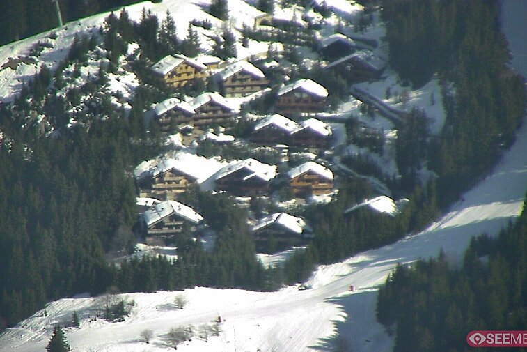 A picture-postcard webcam view of the best Méribel can offer: chocolate-box chalets, tree-line, and easily-accessible pistes