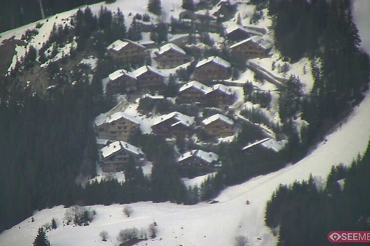 A picture-postcard webcam view of the best Méribel can offer: chocolate-box chalets, tree-line, and easily-accessible pistes