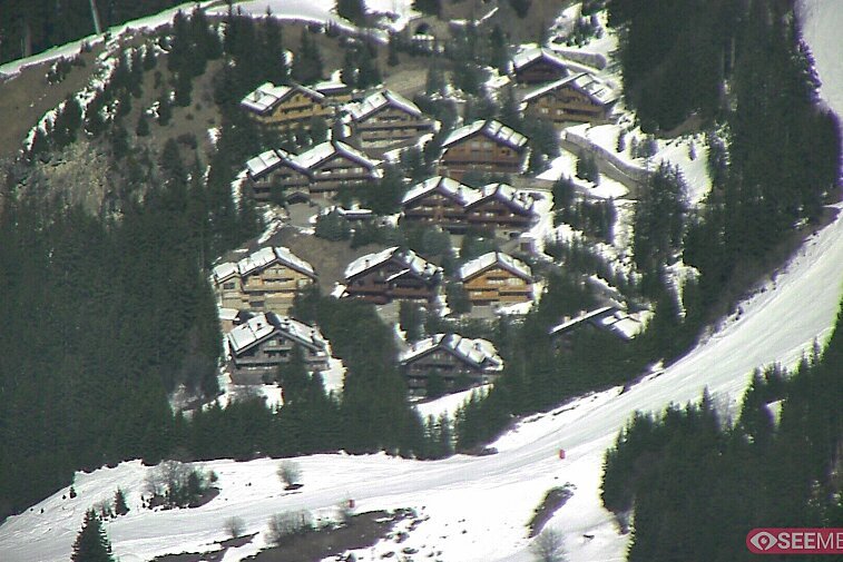 A picture-postcard webcam view of the best Méribel can offer: chocolate-box chalets, tree-line, and easily-accessible pistes