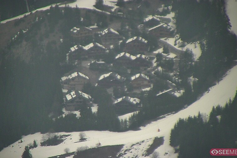 A picture-postcard webcam view of the best Méribel can offer: chocolate-box chalets, tree-line, and easily-accessible pistes