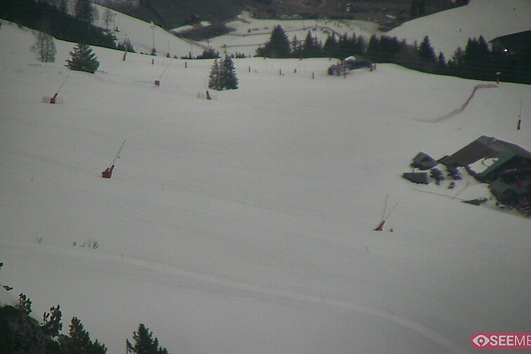 Webcam view from the very top of Tougnette bubble lift looking down upon the Moonpark, one of the Meribel valley's two snowparks