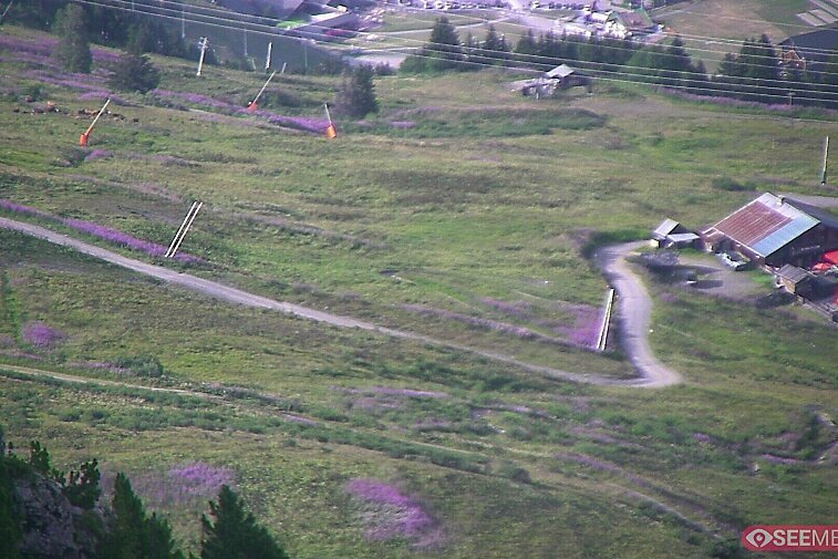 Webcam view from the very top of Tougnette bubble lift looking down upon the Moonpark, one of the Meribel valley's two snowparks