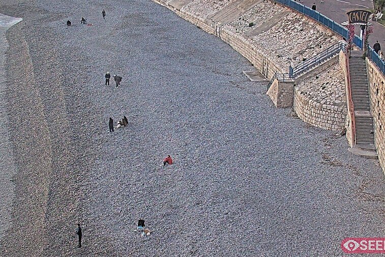 Webcam view of the Castel beach and club on the eastern-most side of the Promenade des Anglais and nestled under the Parc du Chateau, in Nice, France