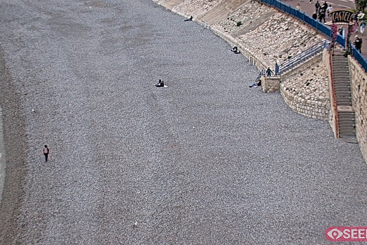 Webcam view of the Castel beach and club on the eastern-most side of the Promenade des Anglais and nestled under the Parc du Chateau, in Nice, France