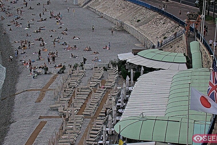 Webcam view of the Castel beach and club on the eastern-most side of the Promenade des Anglais and nestled under the Parc du Chateau, in Nice, France