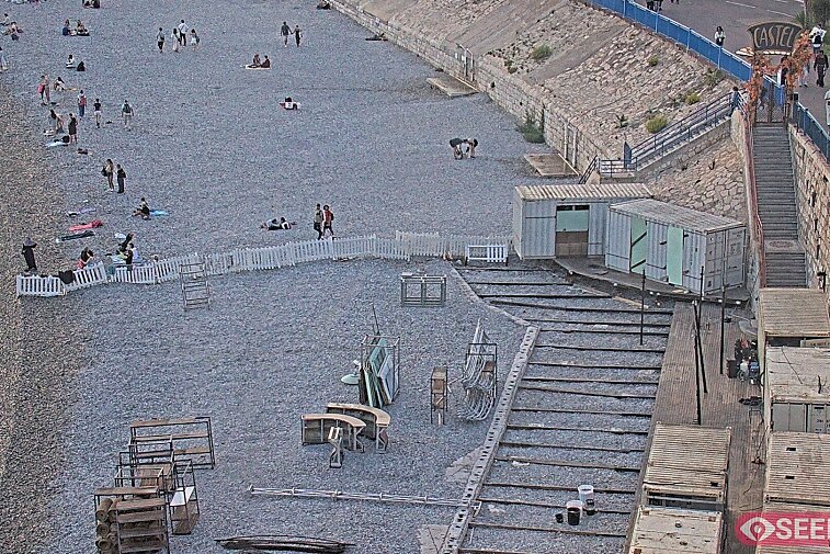 Webcam view of the Castel beach and club on the eastern-most side of the Promenade des Anglais and nestled under the Parc du Chateau, in Nice, France