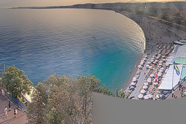 This webcam view from the Hotel Suisse in Nice, France, overlooks the Promenade des Anglais and its beach