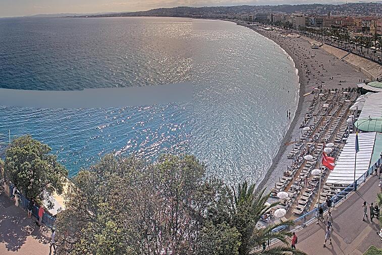 This webcam view from the Hotel Suisse in Nice, France, overlooks the Promenade des Anglais and its beach