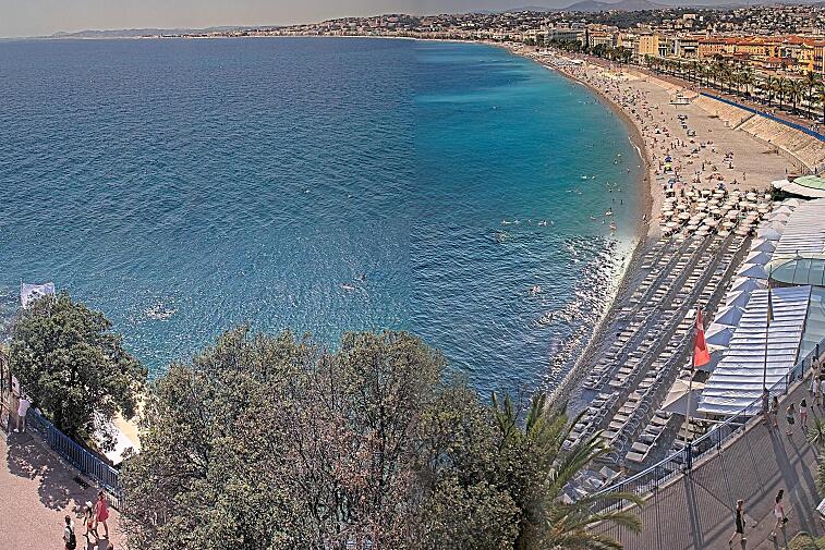 This webcam view from the Hotel Suisse in Nice, France, overlooks the Promenade des Anglais and its beach