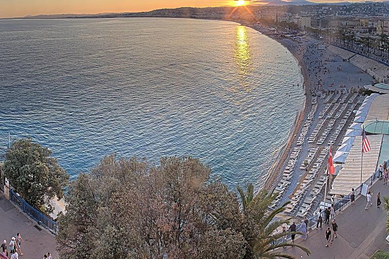 This webcam view from the Hotel Suisse in Nice, France, overlooks the Promenade des Anglais and its beach