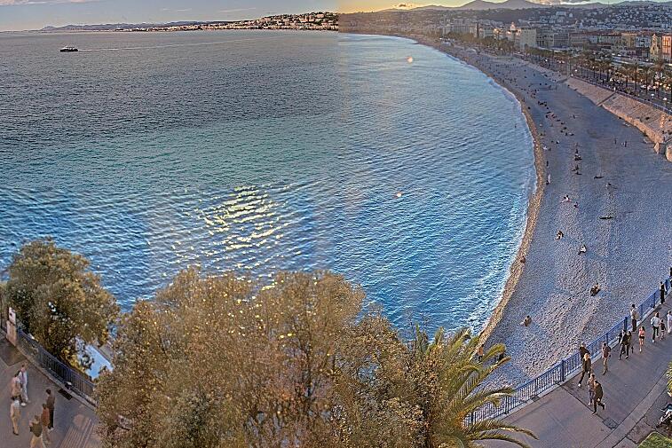 This webcam view from the Hotel Suisse in Nice, France, overlooks the Promenade des Anglais and its beach