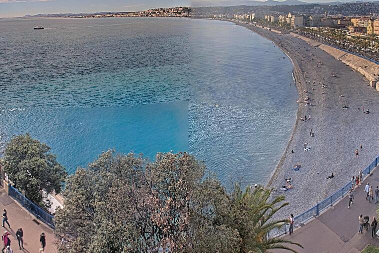 This webcam view from the Hotel Suisse in Nice, France, overlooks the Promenade des Anglais and its beach