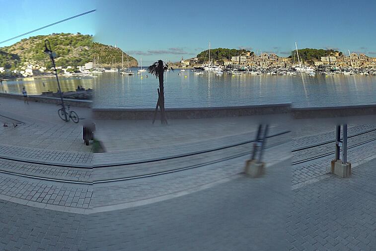 Webcam view of Port de Soller, on the west coast of Mallorca.  In the foreground you can see the tracks of the old tram route from Soller.  In the middle ground you can see yachts in the harbour.