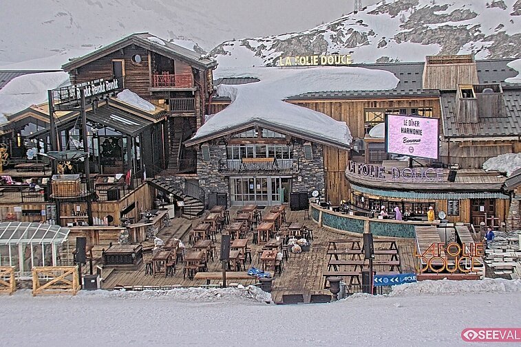 View of La Folie Douce restaurant in the ski area above La Daille in Val d'Isere.  From 2PM when the weather is good, see live musicians and the apres-ski party.