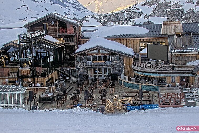 View of La Folie Douce restaurant in the ski area above La Daille in Val d'Isere.  From 2PM when the weather is good, see live musicians and the apres-ski party.