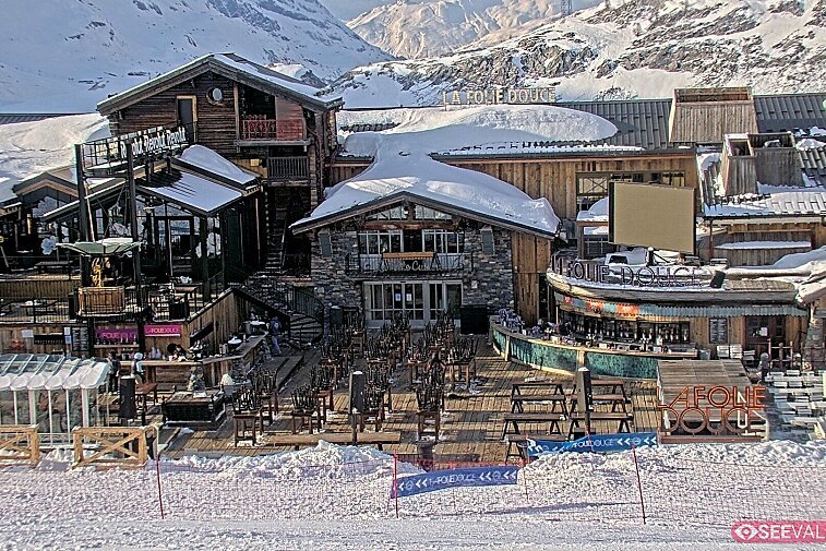 View of La Folie Douce restaurant in the ski area above La Daille in Val d'Isere.  From 2PM when the weather is good, see live musicians and the apres-ski party.