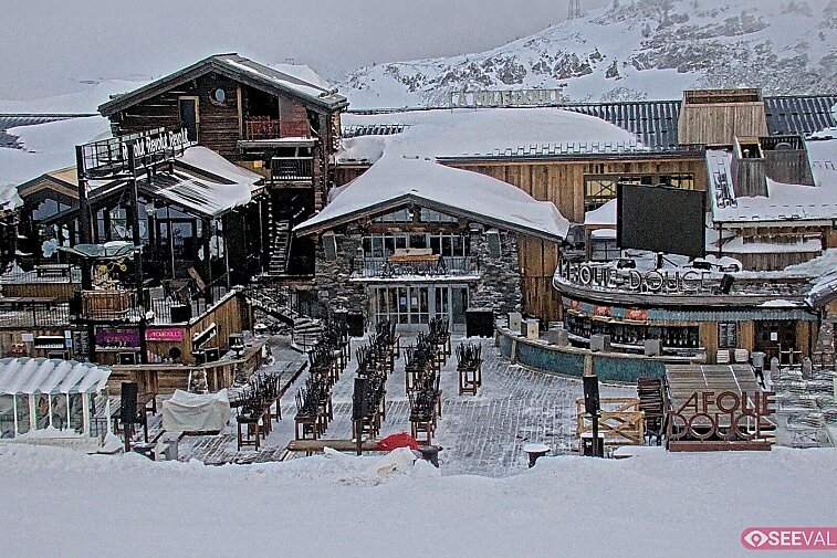 View of La Folie Douce restaurant in the ski area above La Daille in Val d'Isere.  From 2PM when the weather is good, see live musicians and the apres-ski party.