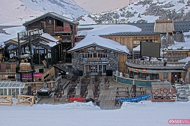 View of La Folie Douce restaurant in the ski area above La Daille in Val d'Isere.  From 2PM when the weather is good, see live musicians and the apres-ski party.