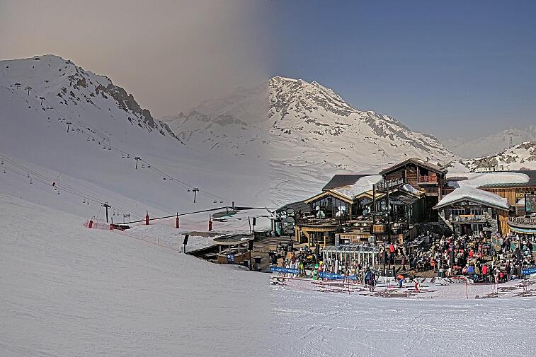A webcam view of the Val d'Isere ski area above La Daille, near the Tommeuses chairlift.  The building in the centre is the renowned La Folie Douce restaurant.