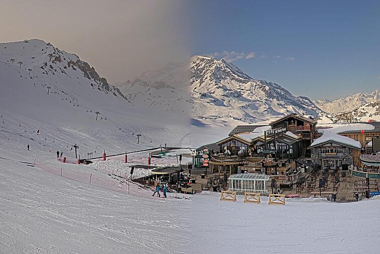 A webcam view of the Val d'Isere ski area above La Daille, near the Tommeuses chairlift.  The building in the centre is the renowned La Folie Douce restaurant.