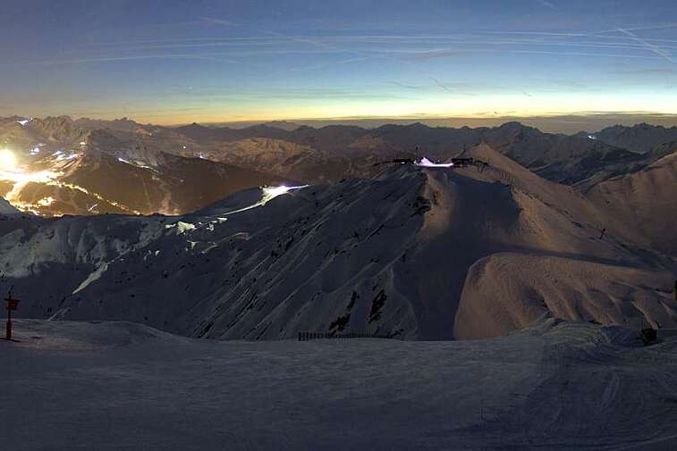 Webcam view from La Grande Rochette, the top of the main bowl in the La Plagne ski area, at 2505 metres