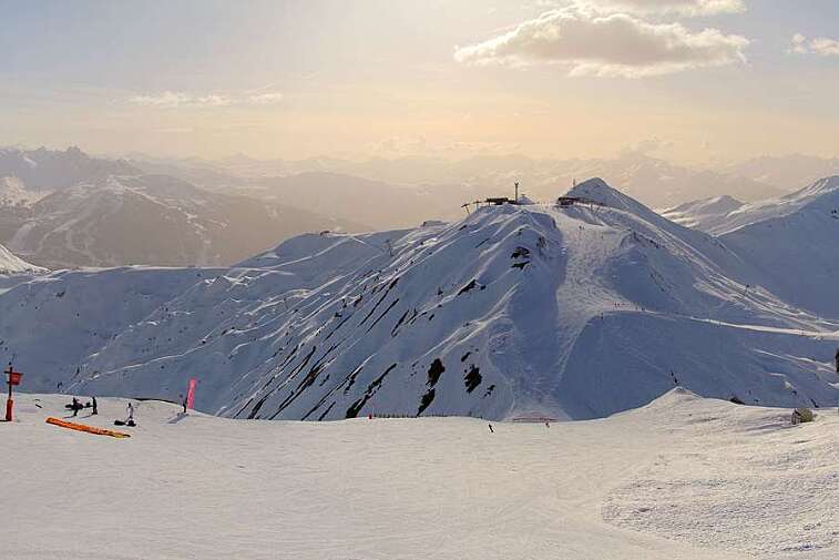 Webcam view from La Grande Rochette, the top of the main bowl in the La Plagne ski area, at 2505 metres