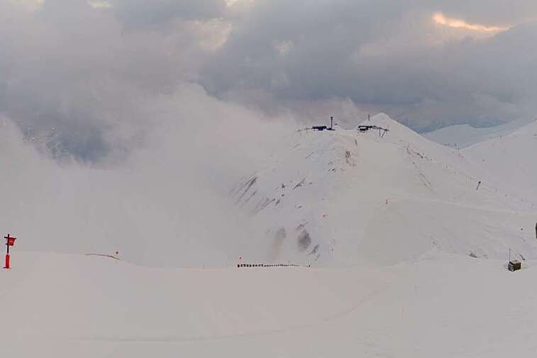 Webcam view from La Grande Rochette, the top of the main bowl in the La Plagne ski area, at 2505 metres