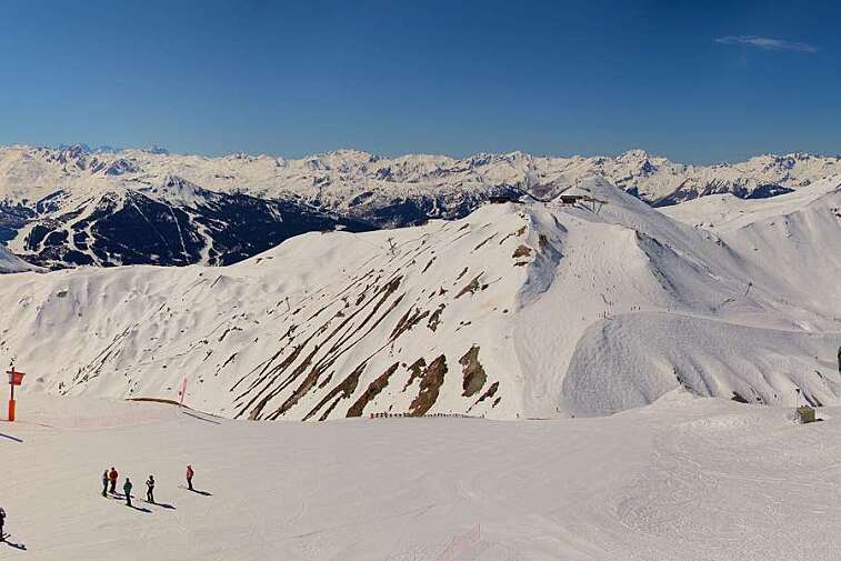 Webcam view from La Grande Rochette, the top of the main bowl in the La Plagne ski area, at 2505 metres