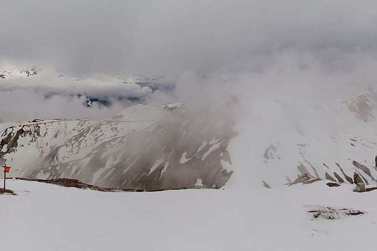 Webcam view from La Grande Rochette, the top of the main bowl in the La Plagne ski area, at 2505 metres