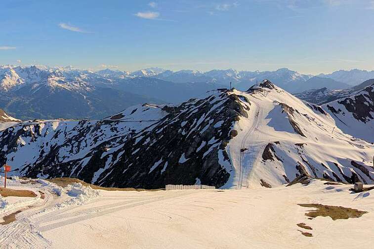 Webcam view from La Grande Rochette, the top of the main bowl in the La Plagne ski area, at 2505 metres