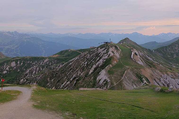 Webcam view from La Grande Rochette, the top of the main bowl in the La Plagne ski area, at 2505 metres